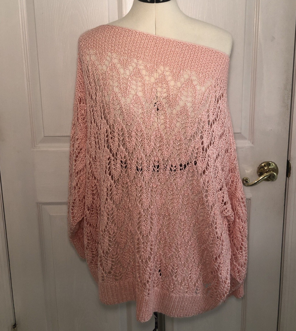 Vtg Y2K Pink Sweater sz XLG Oversized open knit Boatneck coquette grannycore 80s